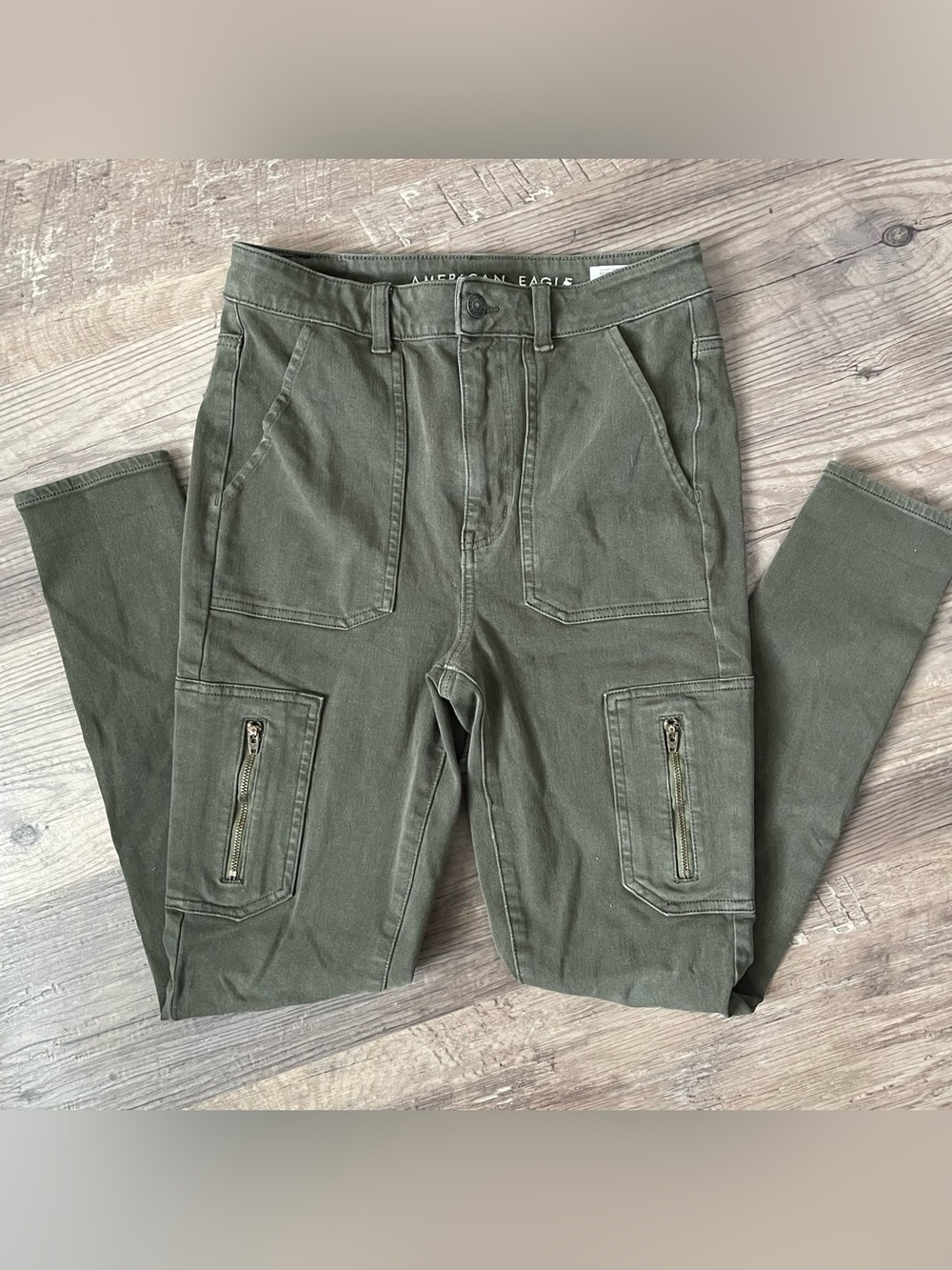 American Eagle Olive Green Cargo Jeggings High Rise Stretch Pants Size 6 - Picture 2 of 5